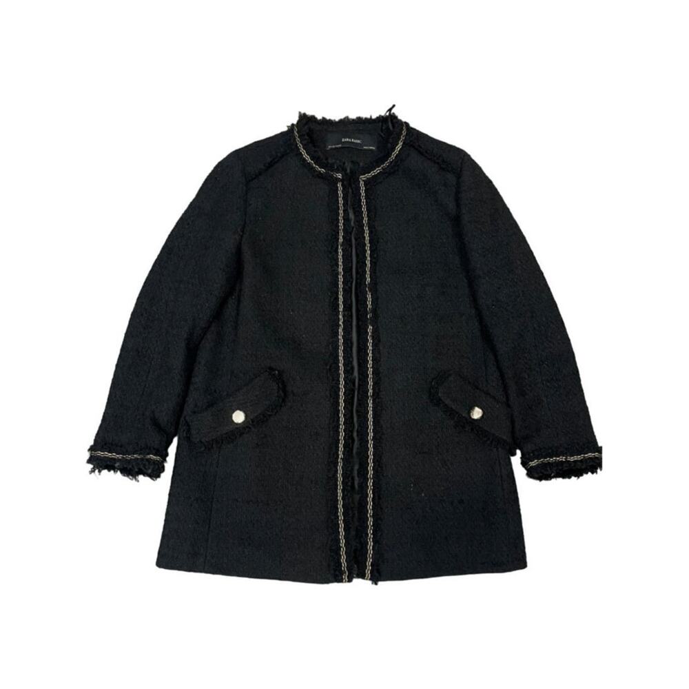 Zara S Tweed $149 Boucle Evening Coat Lady Textured Jacket Long Black Gold NEW! - Picture 2 of 11